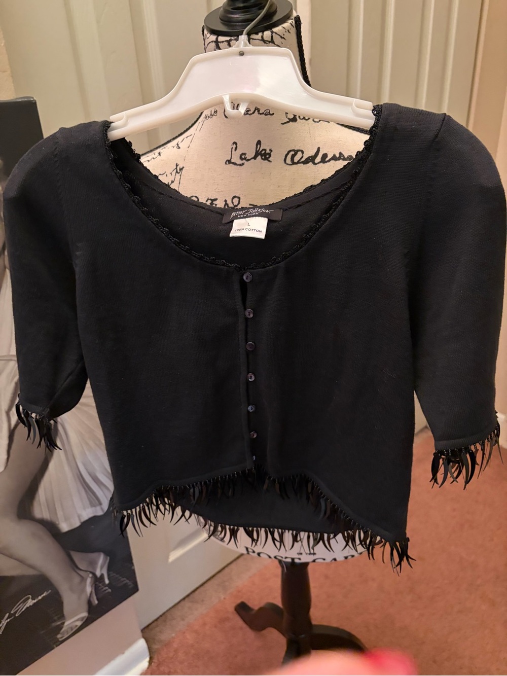 Betsey Johnson Black crop fringe  Cotton Button-Front Top L